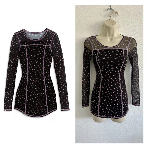 Katie J‎ NYC NWT SZ M Tween Black Pink Ditsy Floral Romi Long Sleeve Mesh Dress - Picture 1 of 10